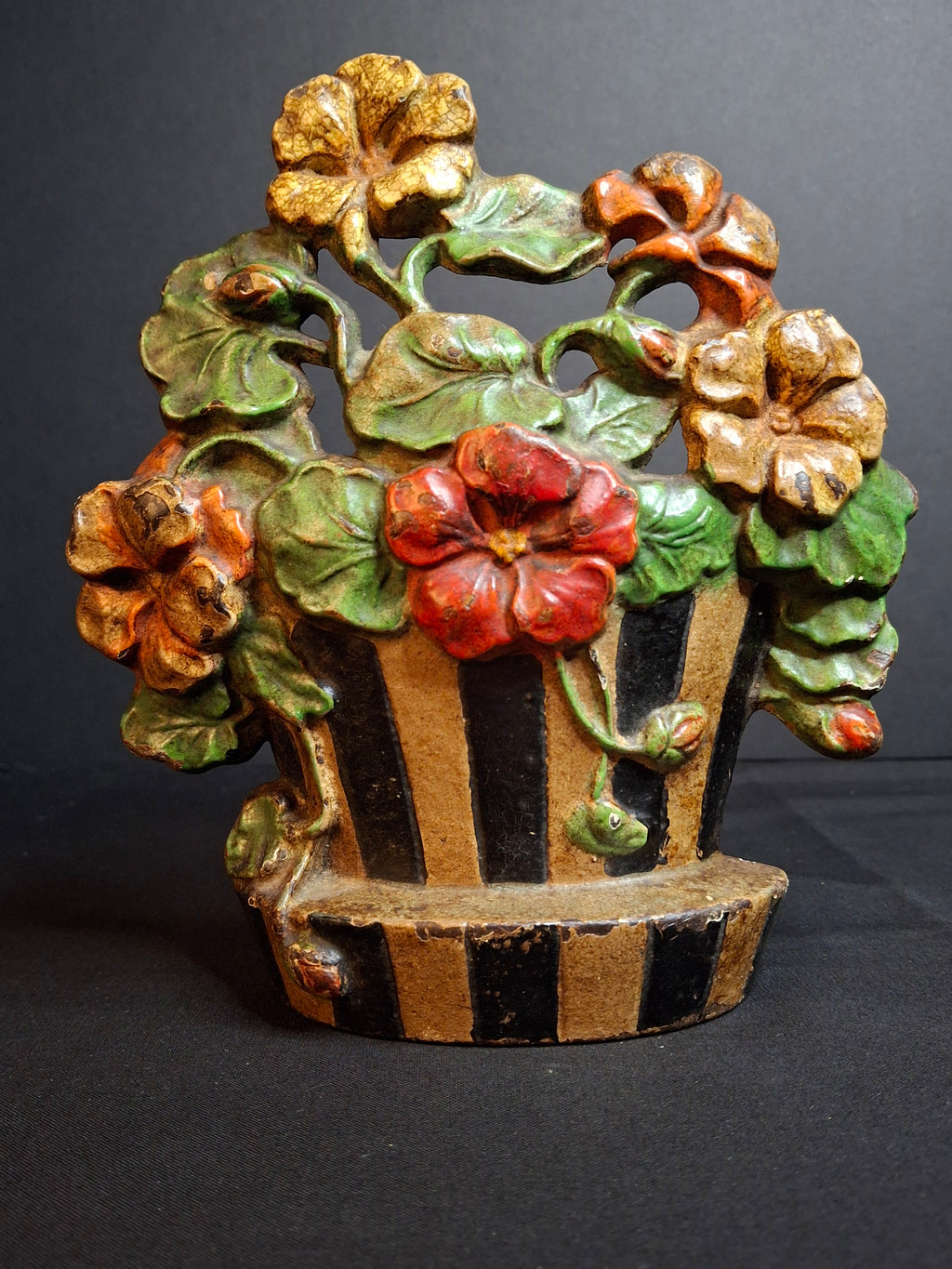 Antique Hubley #221 Cast Iron Nasturtium Flower Pot Doorstop Original Paint 1920s
