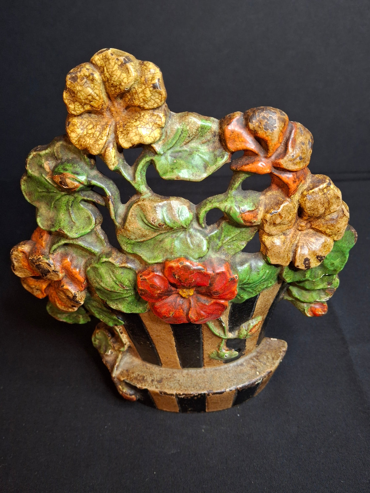 Antique Hubley #221 Cast Iron Nasturtium Flower Pot Doorstop Original Paint 1920s