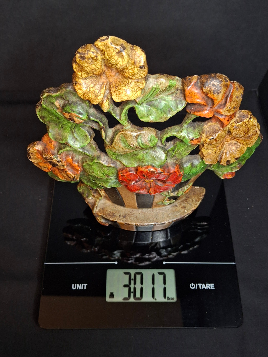 Antique Hubley #221 Cast Iron Nasturtium Flower Pot Doorstop Original Paint 1920s