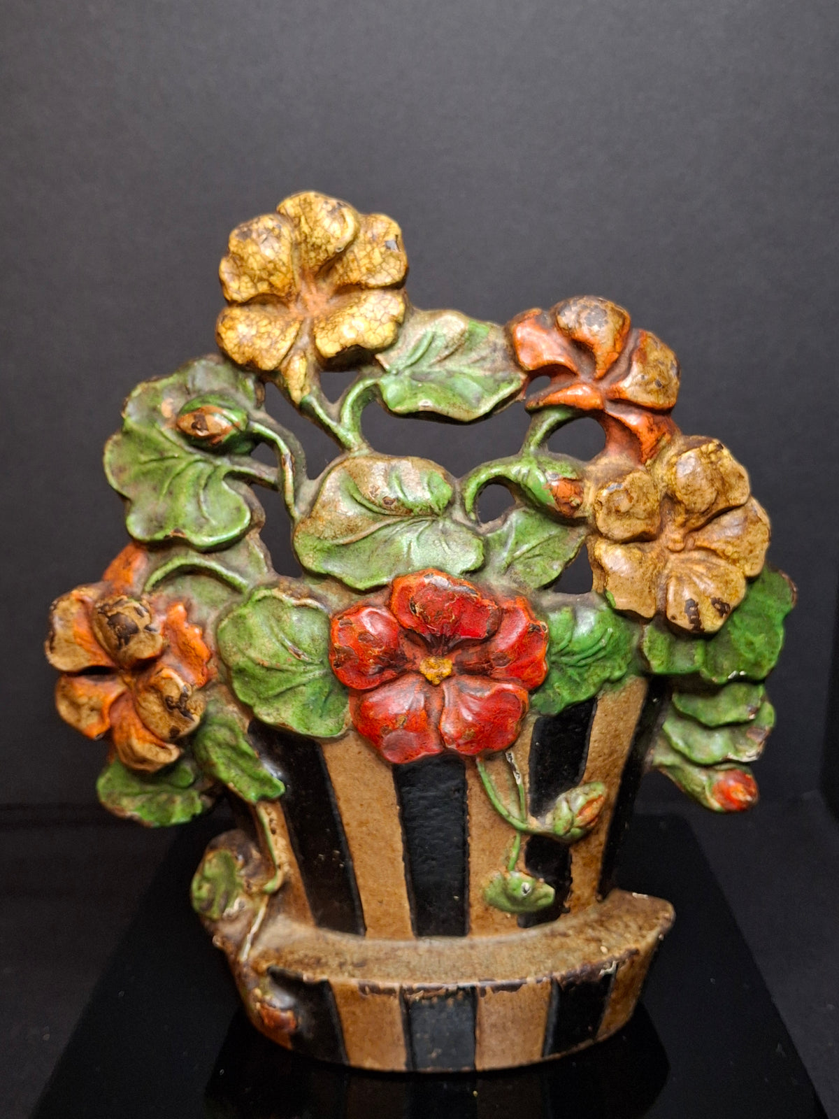 Antique Hubley #221 Cast Iron Nasturtium Flower Pot Doorstop Original Paint 1920s