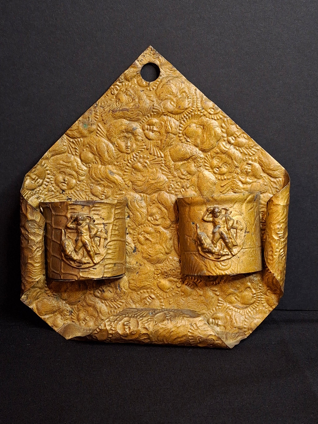 Antique Victorian Embossed Brass Tin Double Wall Match Holder Safe Cherubs Putti