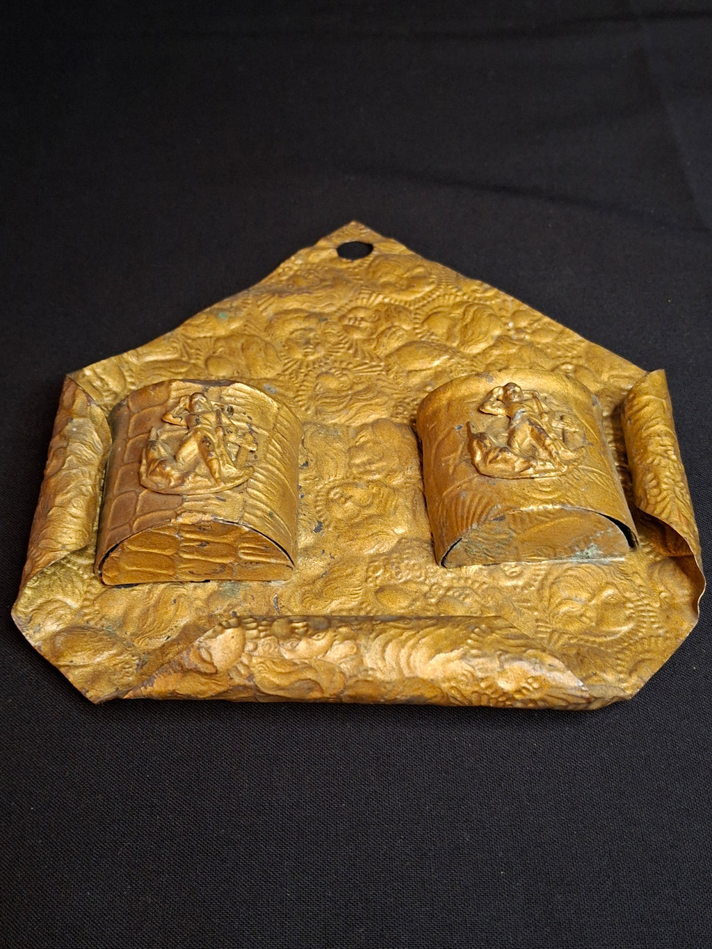 Antique Victorian Embossed Brass Tin Double Wall Match Holder Safe Cherubs Putti