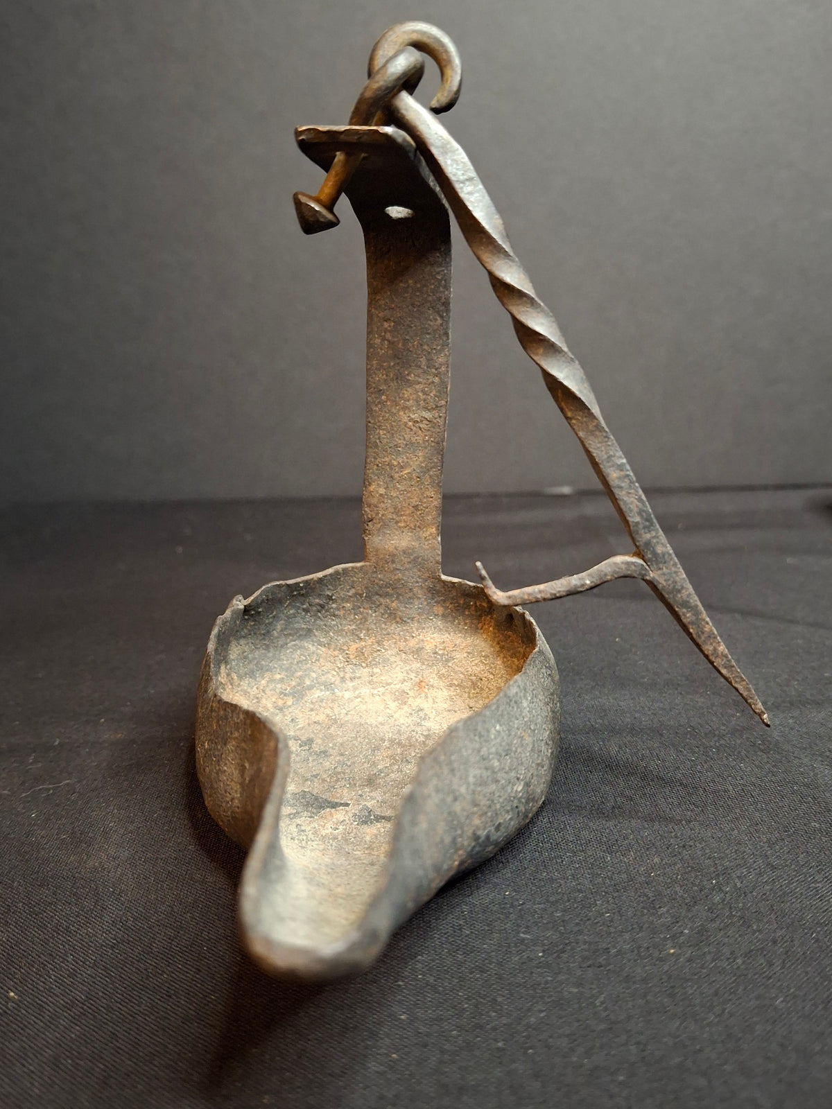 Antique 18th to Early 19th Century Hand Forged Wrought Iron Crusie Pan Fat Grease Lamp Pick Wick Hook