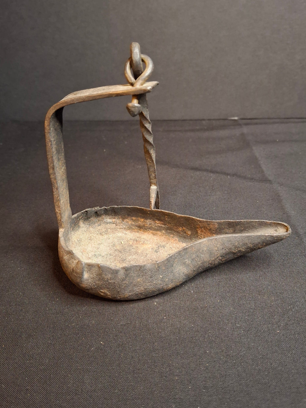 Antique 18th to Early 19th Century Hand Forged Wrought Iron Crusie Pan Fat Grease Lamp Pick Wick Hook