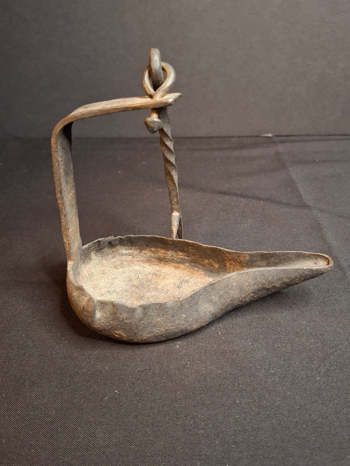 Antique 18th to Early 19th Century Hand Forged Wrought Iron Crusie Pan Fat Grease Lamp Pick Wick Hook