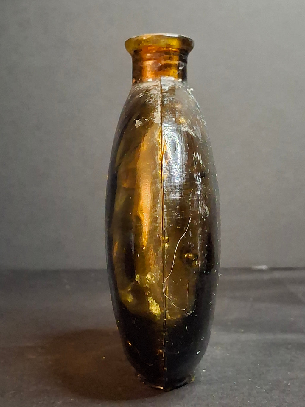 Antique Amber Glass Pocket Flask Oval Whiskey Spirits Bottle Cork Stopper 1890s