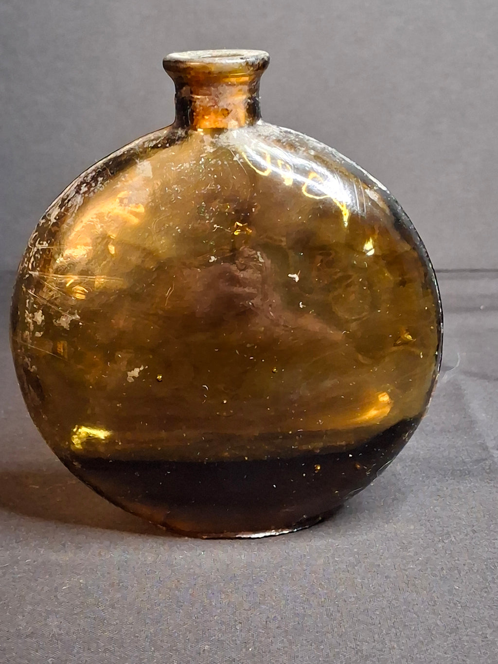 Antique Amber Glass Pocket Flask Oval Whiskey Spirits Bottle Cork Stopper 1890s