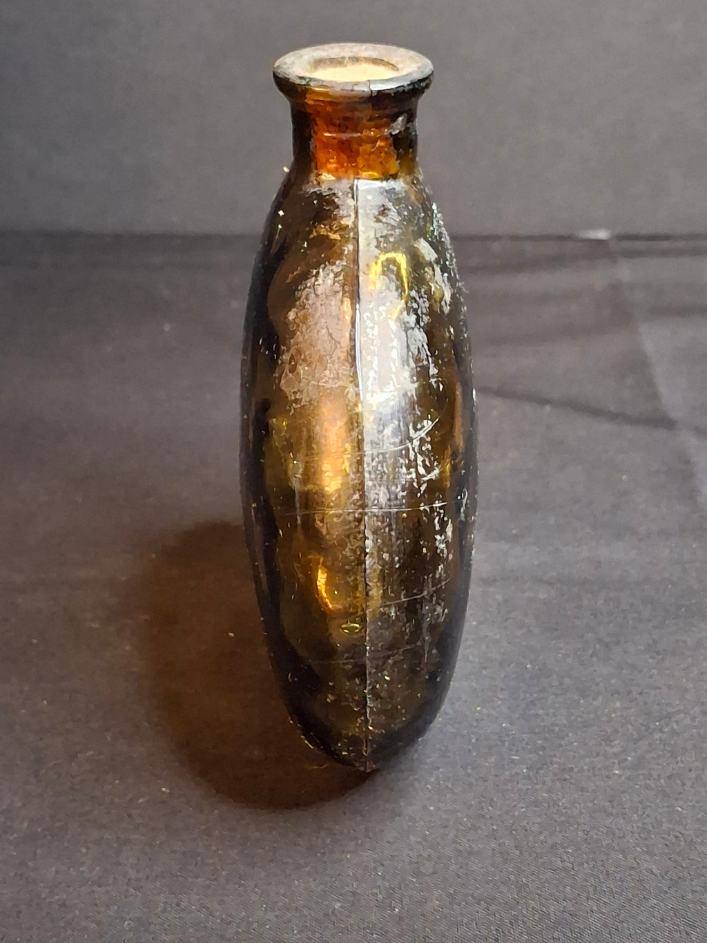 Antique Amber Glass Pocket Flask Oval Whiskey Spirits Bottle Cork Stopper 1890s