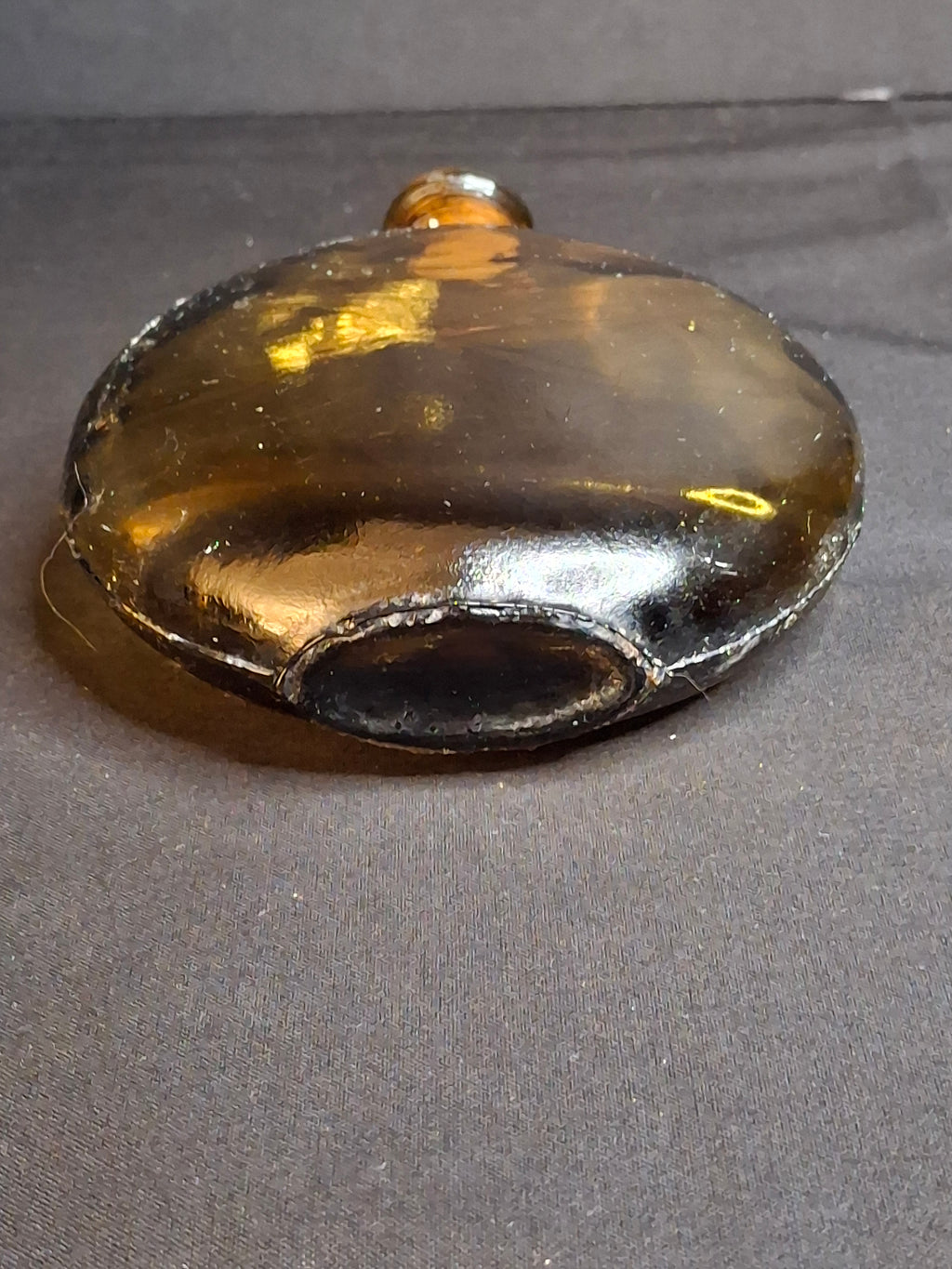 Antique Amber Glass Pocket Flask Oval Whiskey Spirits Bottle Cork Stopper 1890s