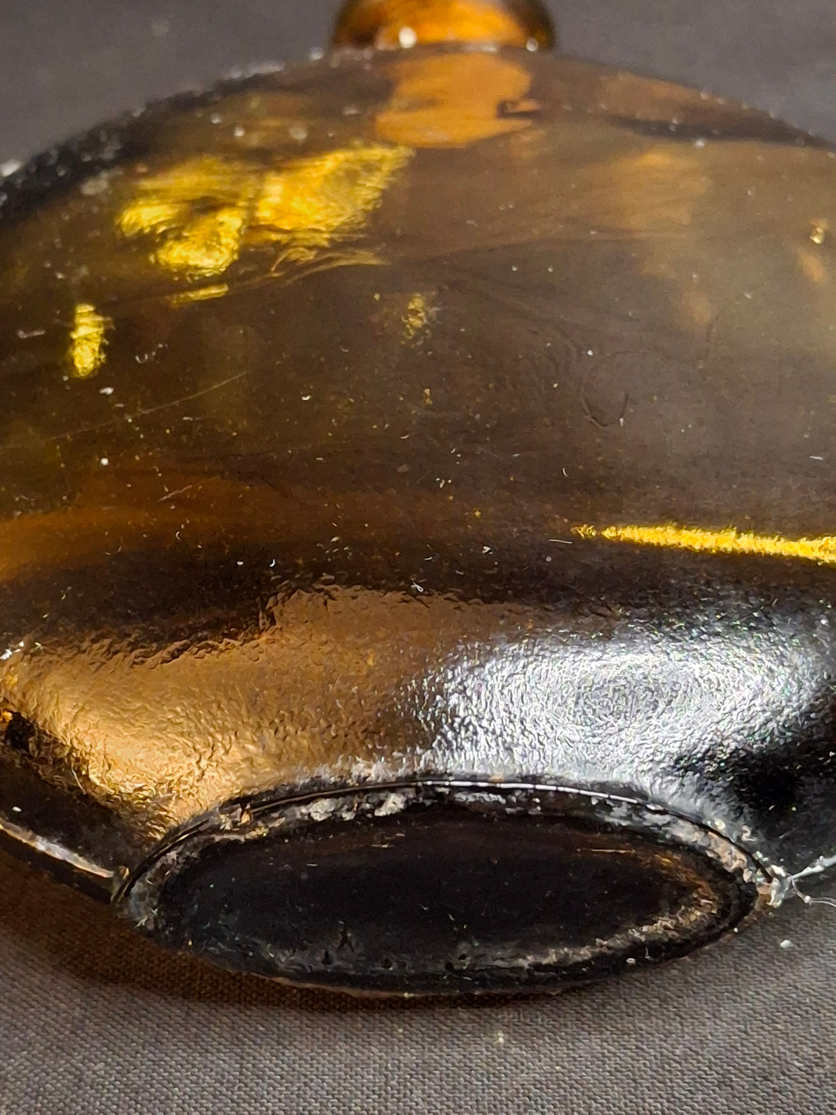 Antique Amber Glass Pocket Flask Oval Whiskey Spirits Bottle Cork Stopper 1890s