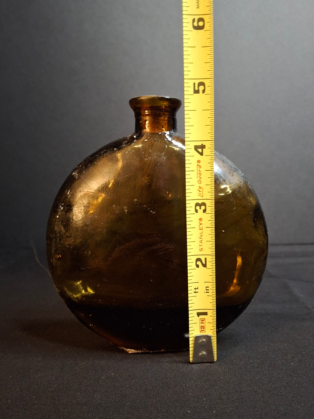 Antique Amber Glass Pocket Flask Oval Whiskey Spirits Bottle Cork Stopper 1890s