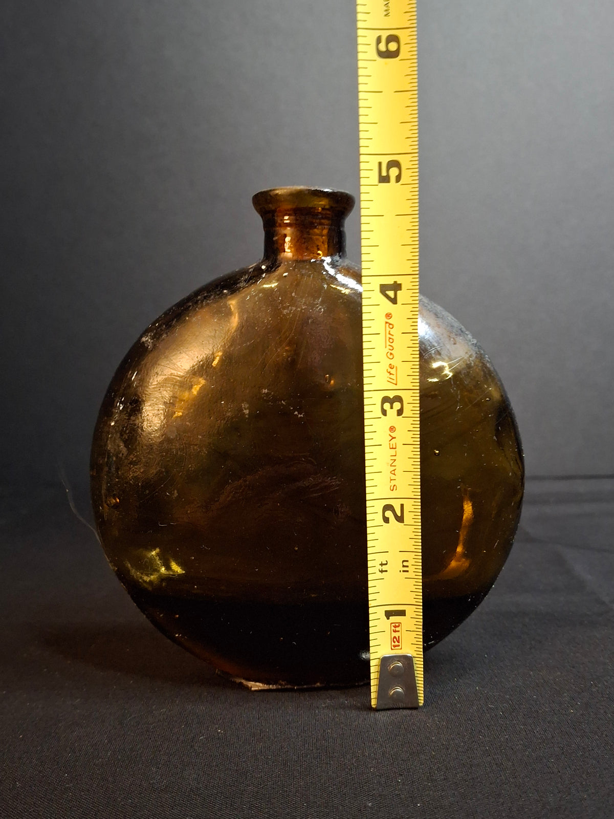 Antique Amber Glass Pocket Flask Oval Whiskey Spirits Bottle Cork Stopper 1890s