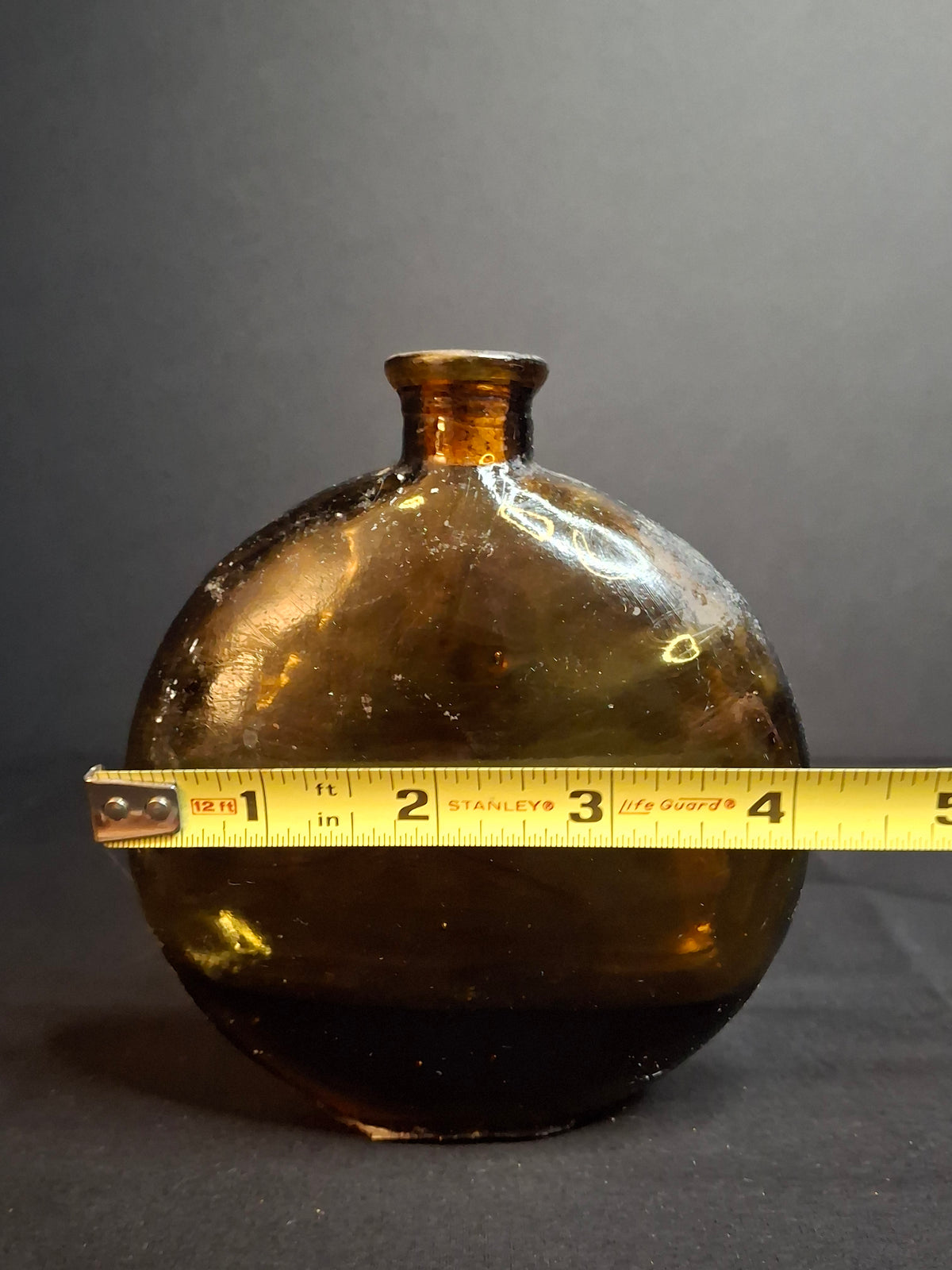 Antique Amber Glass Pocket Flask Oval Whiskey Spirits Bottle Cork Stopper 1890s