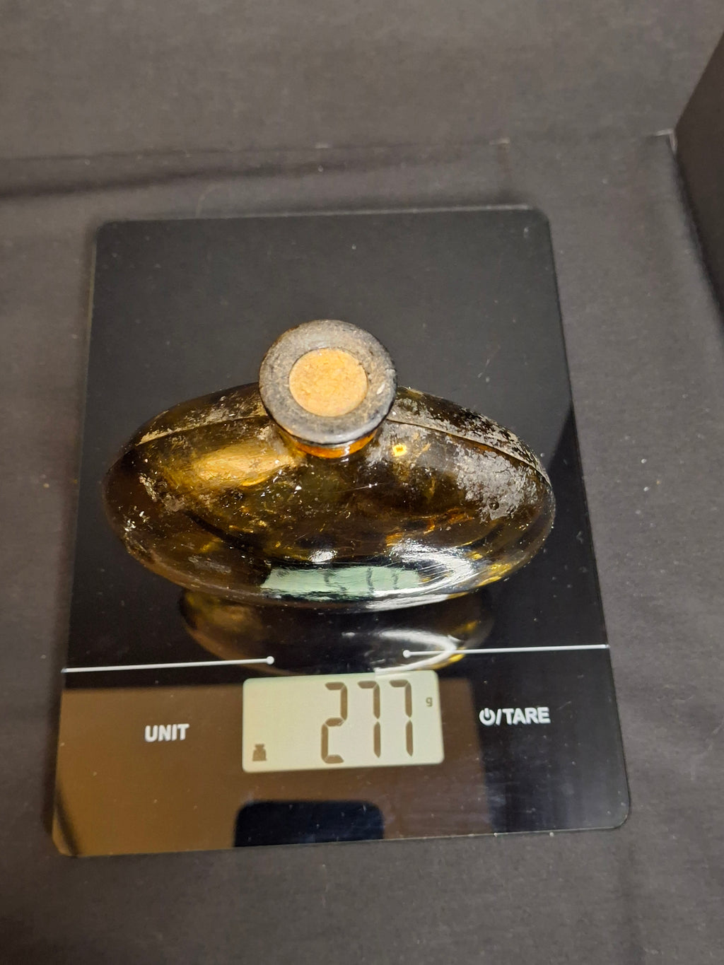 Antique Amber Glass Pocket Flask Oval Whiskey Spirits Bottle Cork Stopper 1890s