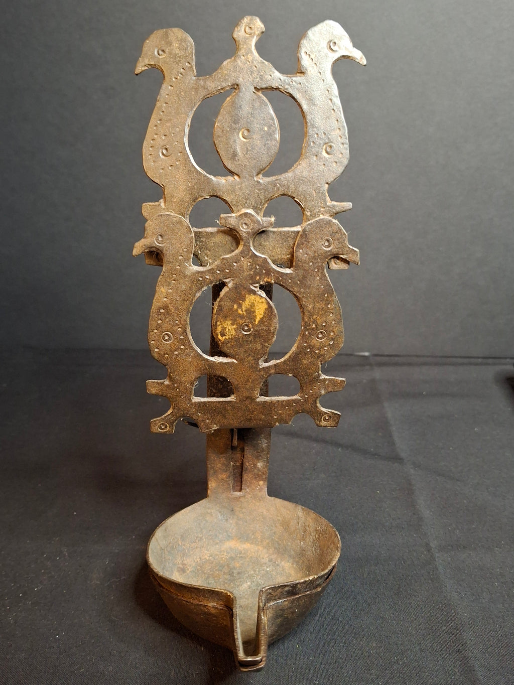 Rare 18th Century Wrought Iron Double Crusie Phoebe Grease Lamp Bird Motif Folk Art
