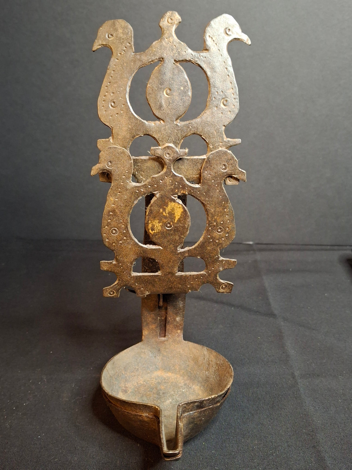 Rare 18th Century Wrought Iron Double Crusie Phoebe Grease Lamp Bird Motif Folk Art