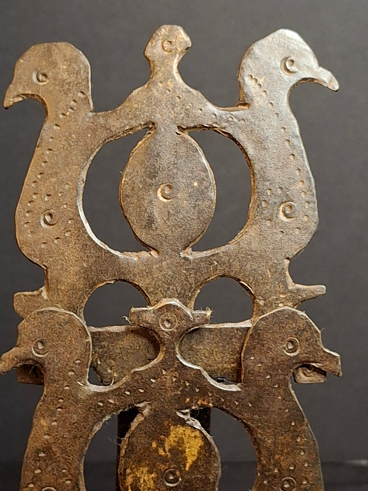 Rare 18th Century Wrought Iron Double Crusie Phoebe Grease Lamp Bird Motif Folk Art