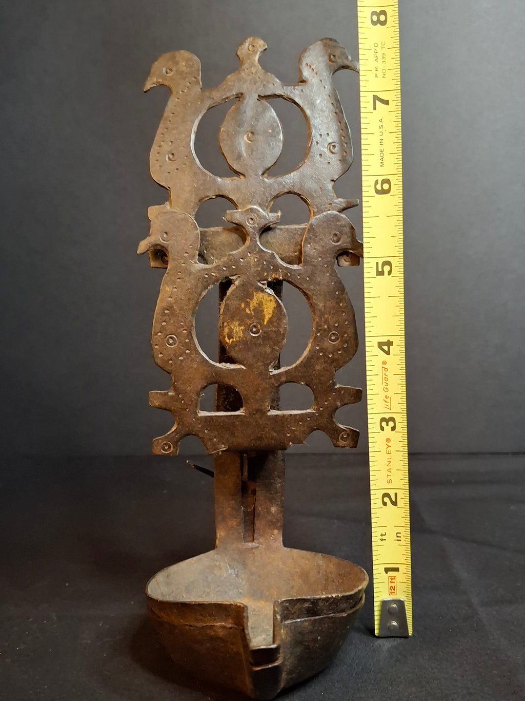 Rare 18th Century Wrought Iron Double Crusie Phoebe Grease Lamp Bird Motif Folk Art