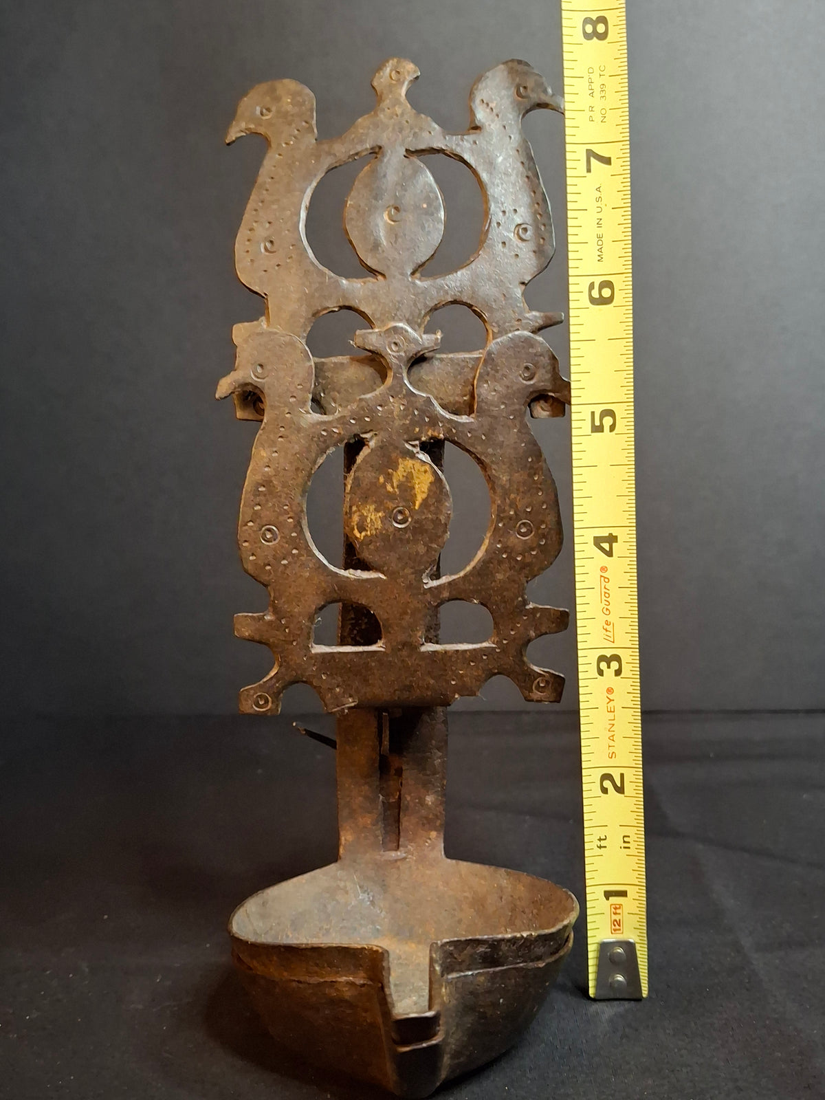 Rare 18th Century Wrought Iron Double Crusie Phoebe Grease Lamp Bird Motif Folk Art