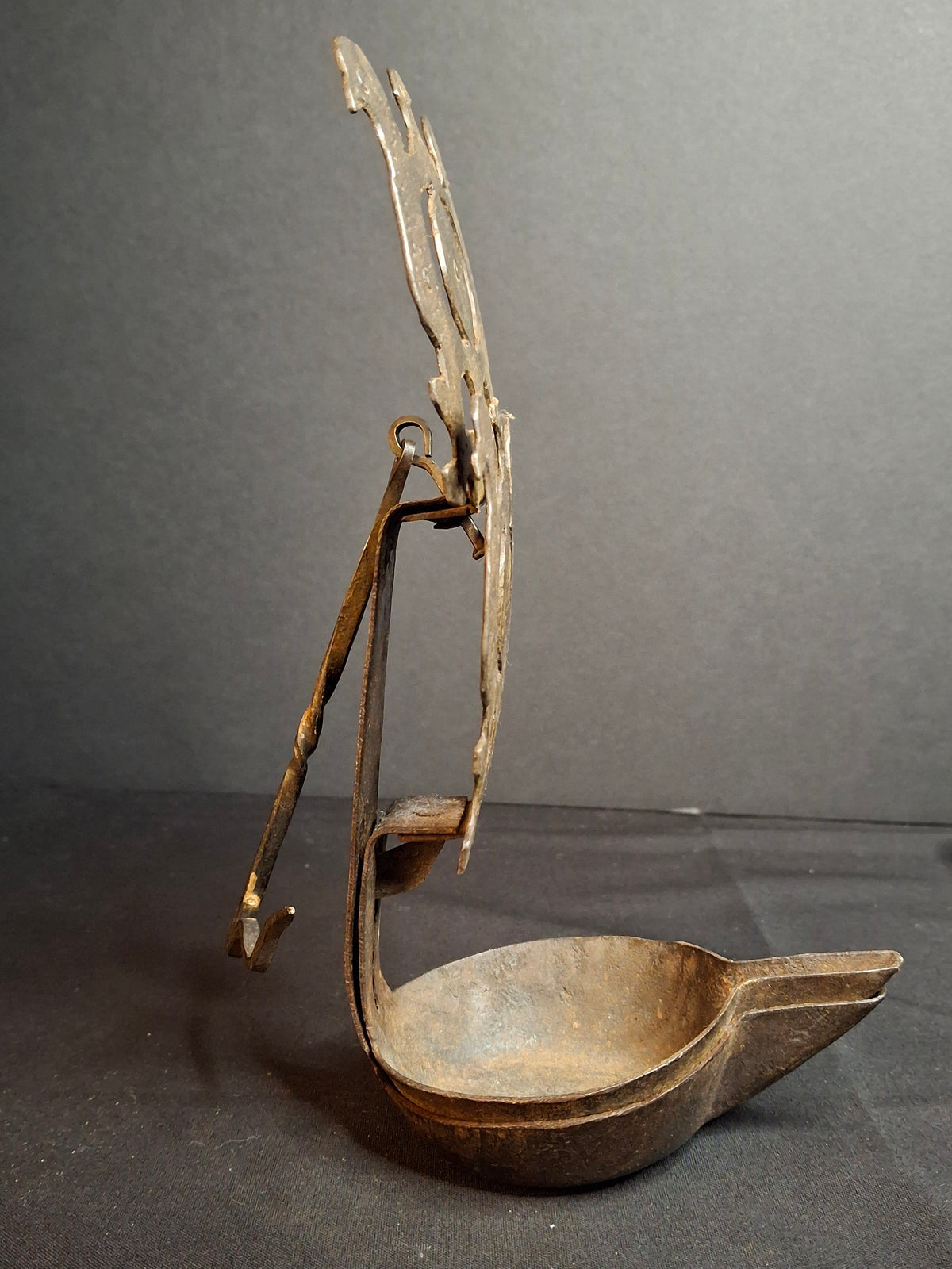 Rare 18th Century Wrought Iron Double Crusie Phoebe Grease Lamp Bird Motif Folk Art