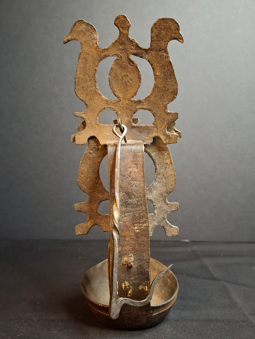 Rare 18th Century Wrought Iron Double Crusie Phoebe Grease Lamp Bird Motif Folk Art