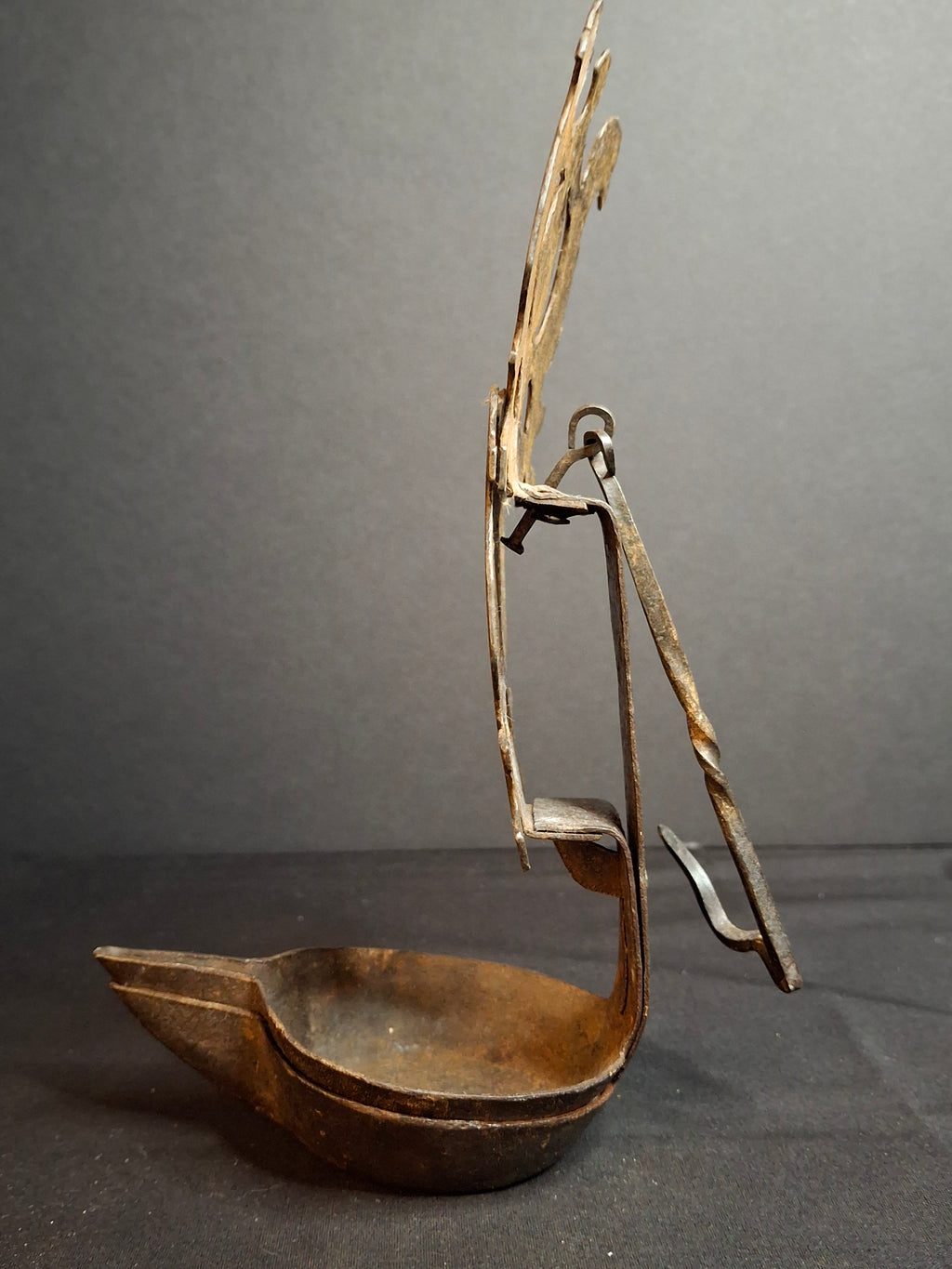 Rare 18th Century Wrought Iron Double Crusie Phoebe Grease Lamp Bird Motif Folk Art