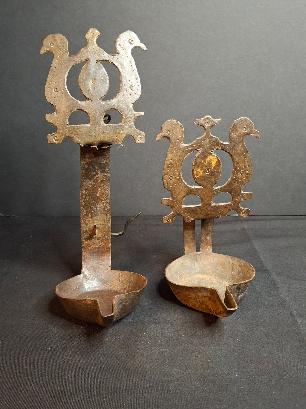 Rare 18th Century Wrought Iron Double Crusie Phoebe Grease Lamp Bird Motif Folk Art