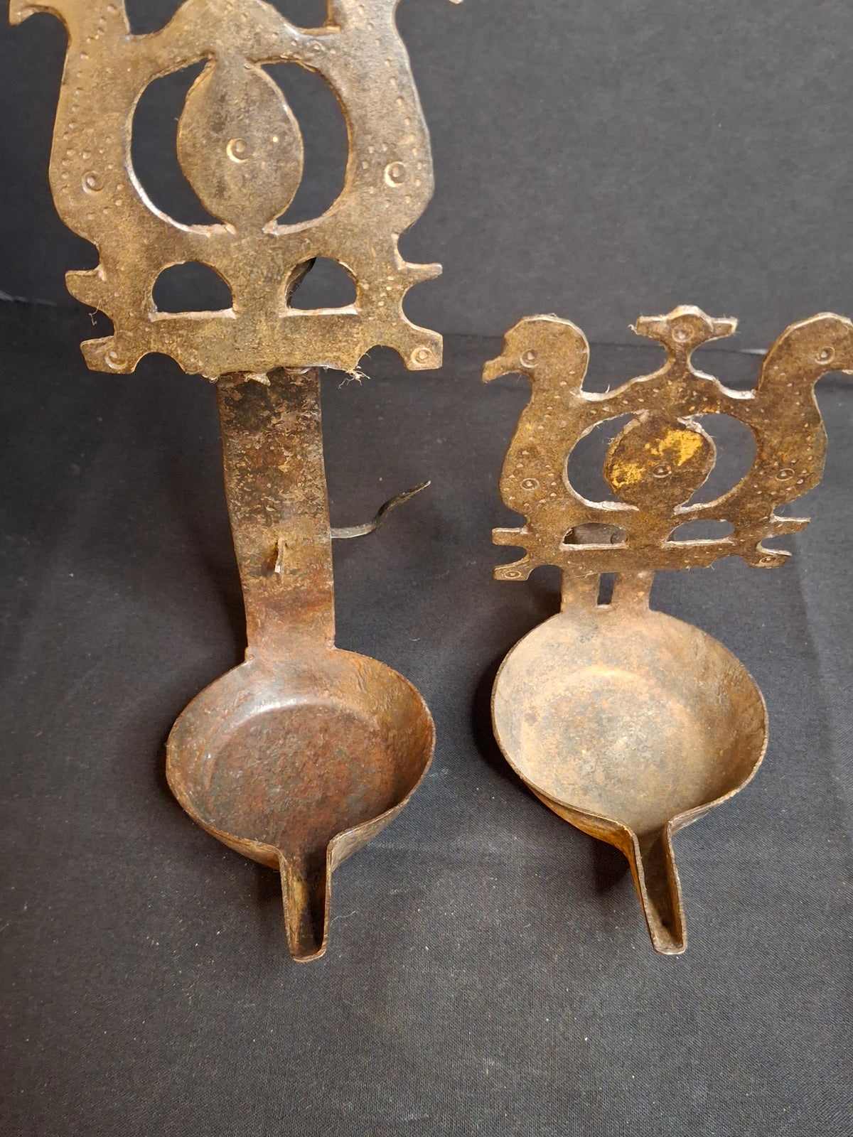 Rare 18th Century Wrought Iron Double Crusie Phoebe Grease Lamp Bird Motif Folk Art