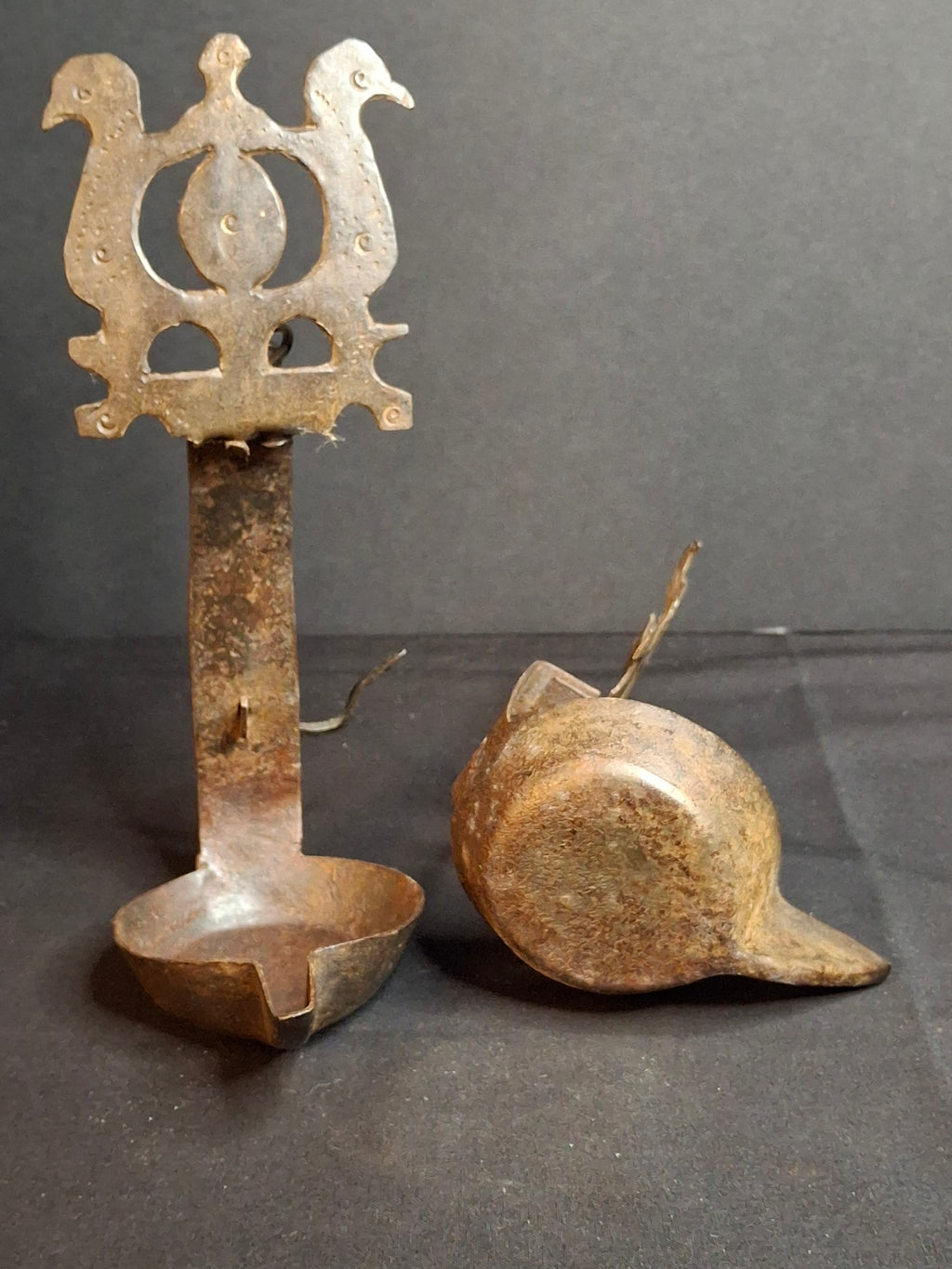 Rare 18th Century Wrought Iron Double Crusie Phoebe Grease Lamp Bird Motif Folk Art