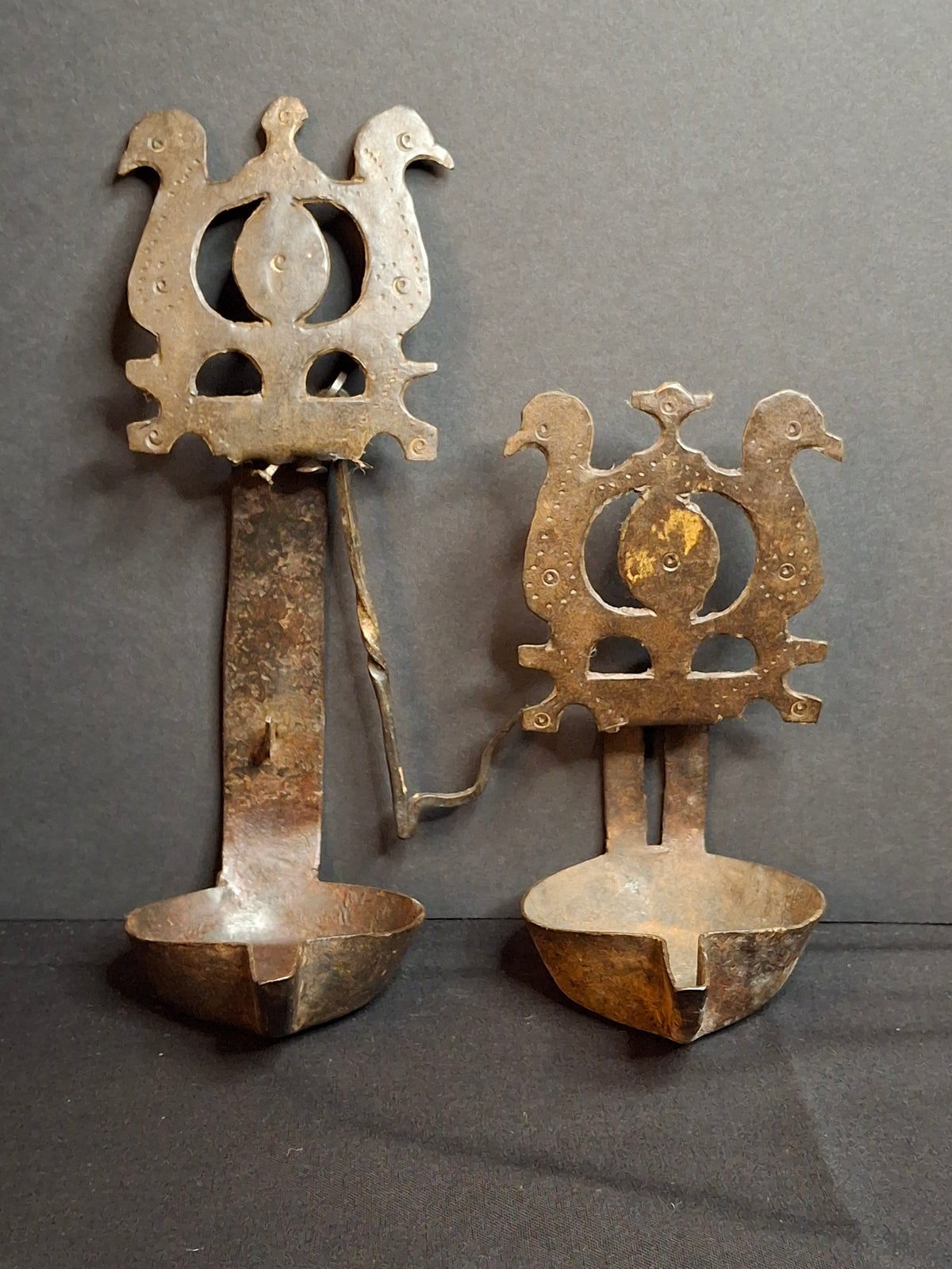 Rare 18th Century Wrought Iron Double Crusie Phoebe Grease Lamp Bird Motif Folk Art