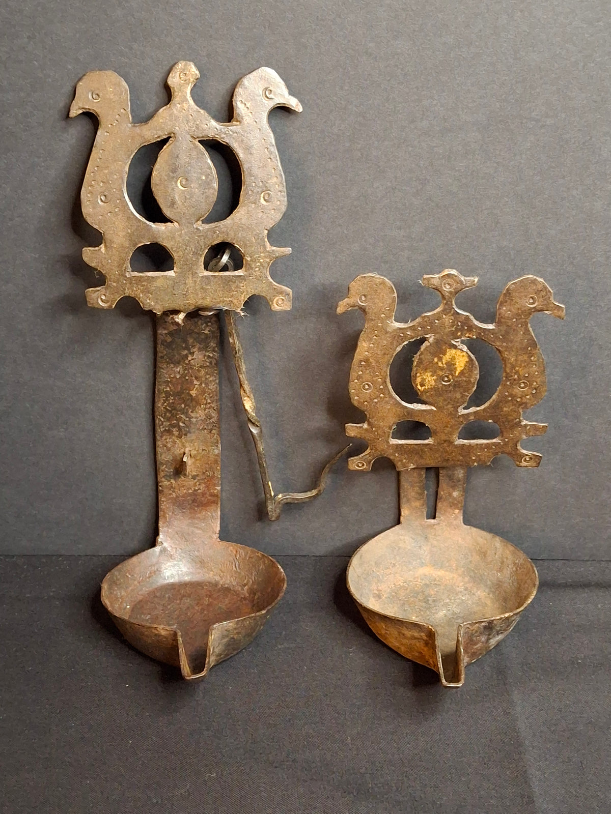 Rare 18th Century Wrought Iron Double Crusie Phoebe Grease Lamp Bird Motif Folk Art