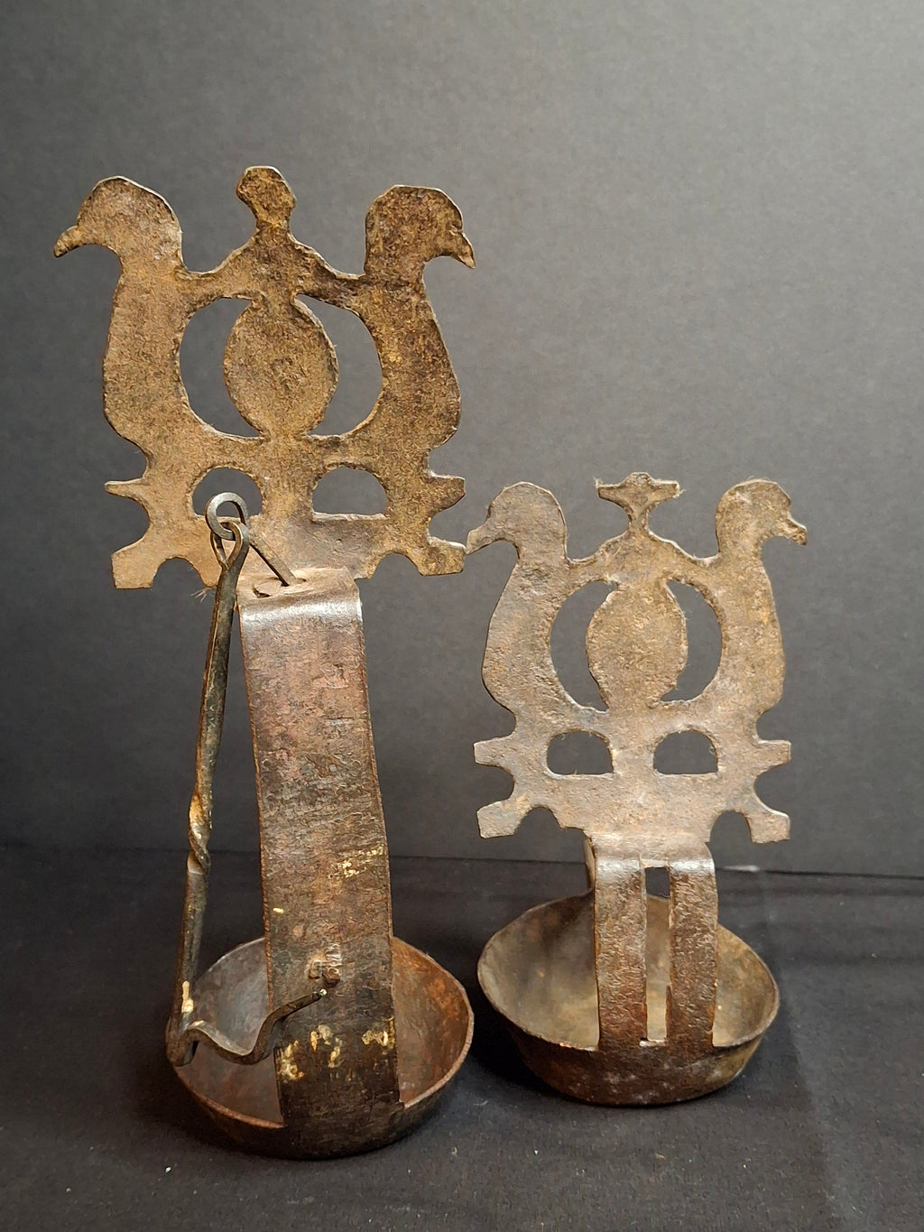 Rare 18th Century Wrought Iron Double Crusie Phoebe Grease Lamp Bird Motif Folk Art