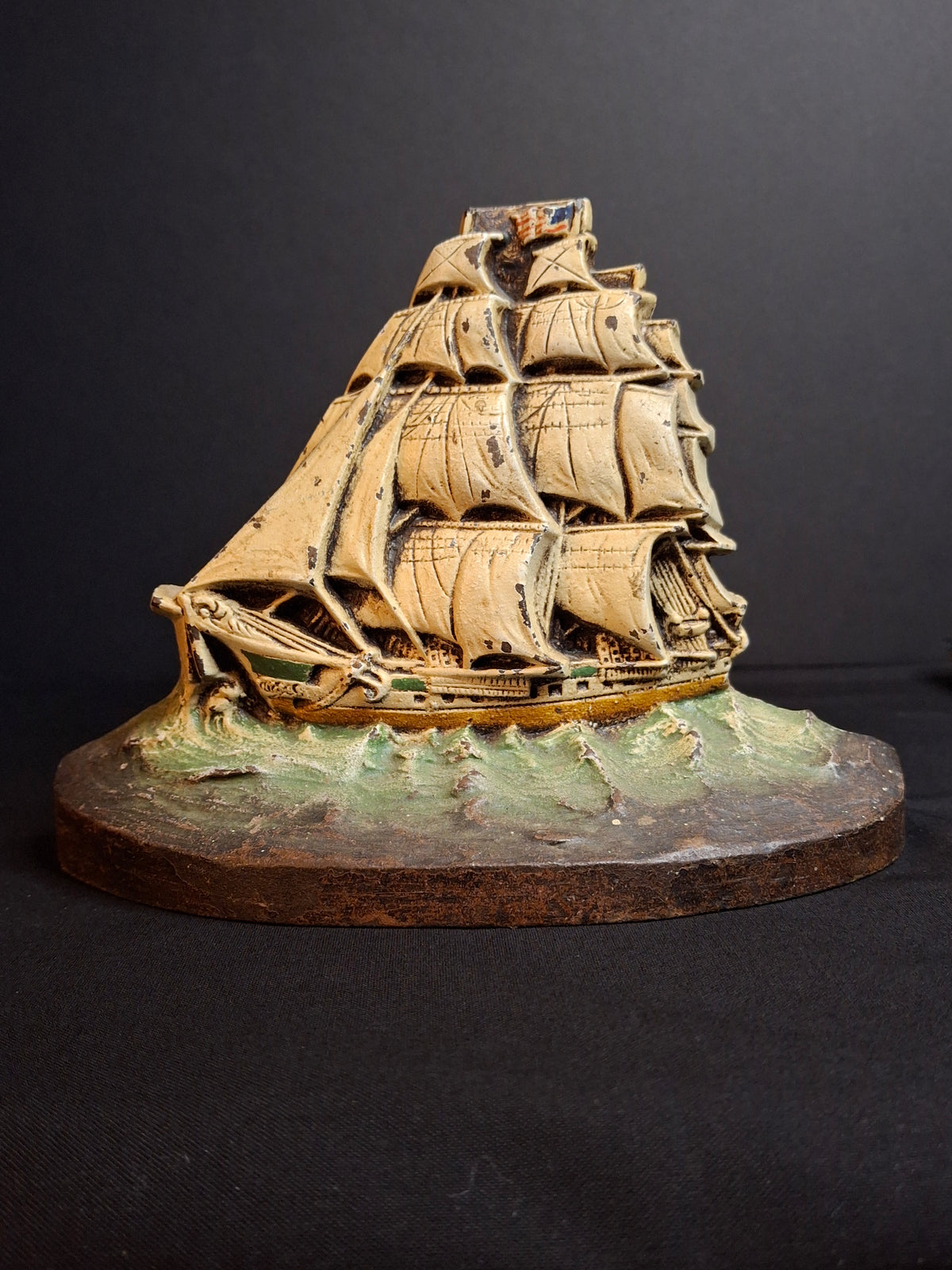 Antique Judd Co CJO 1286 Cast Iron Sailing Ship Doorstop American Flag Painted