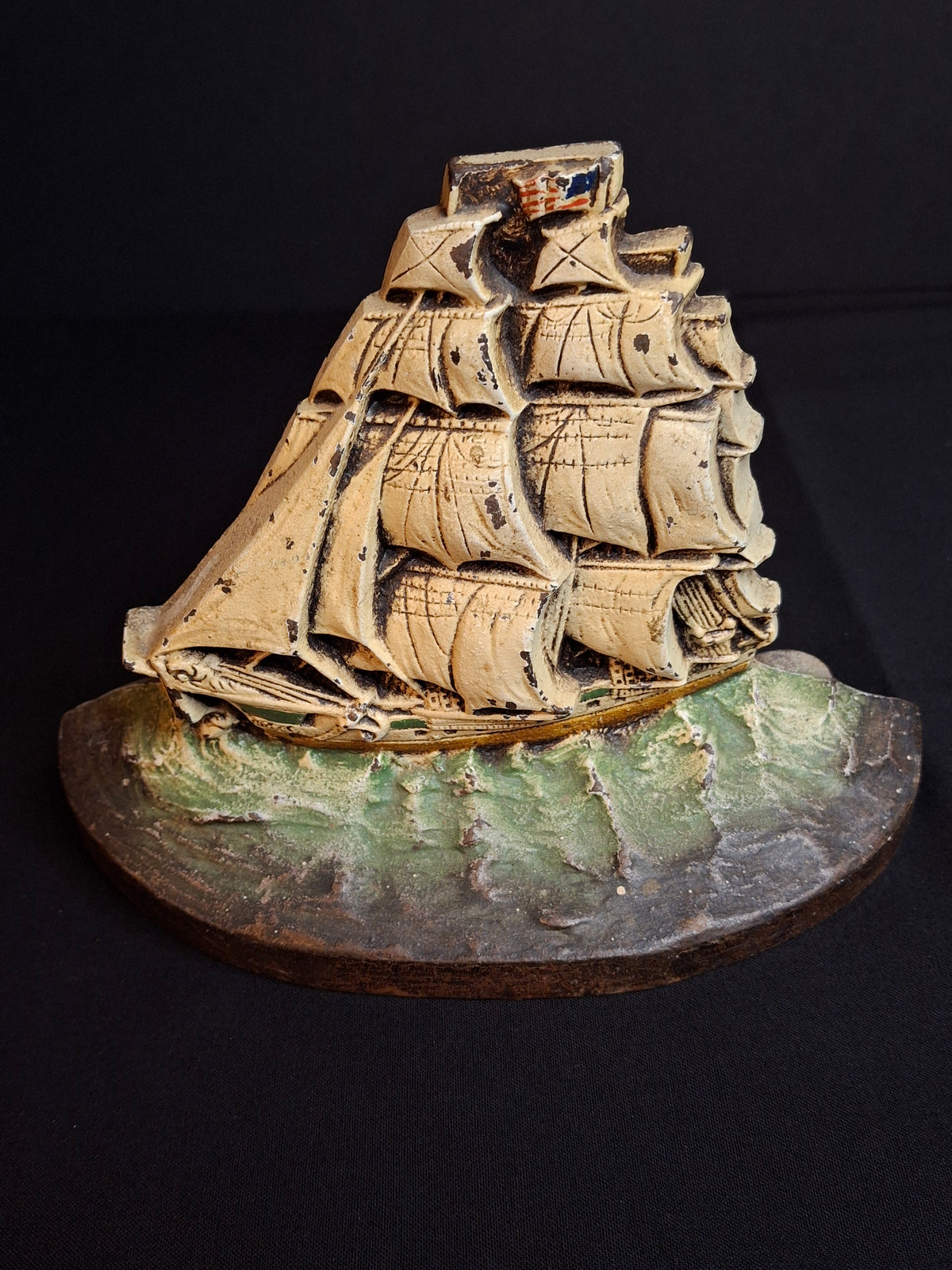Antique Judd Co CJO 1286 Cast Iron Sailing Ship Doorstop American Flag Painted