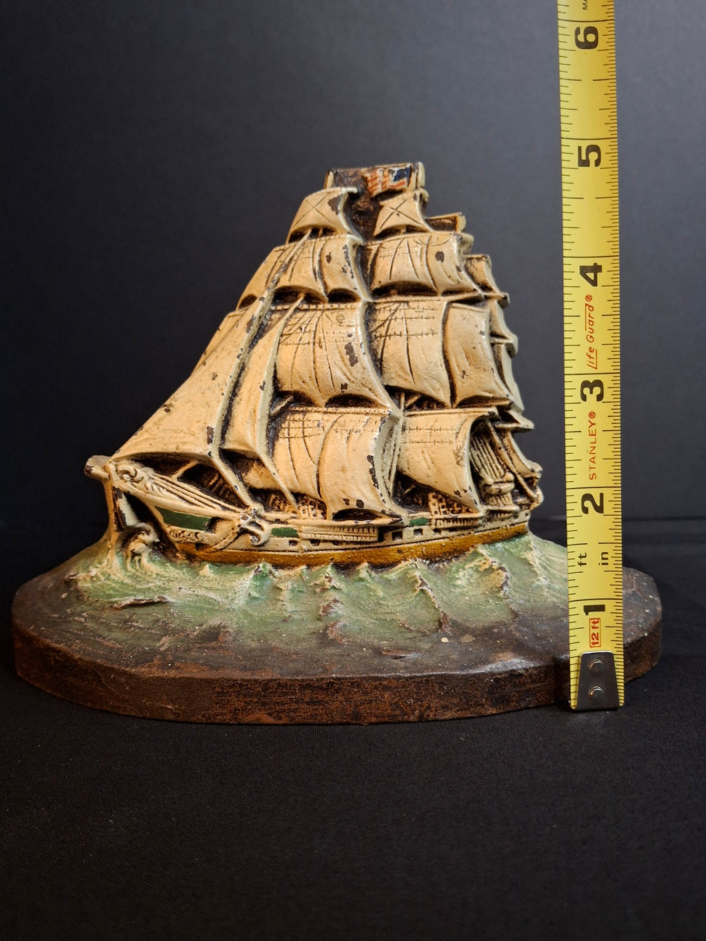 Antique Judd Co CJO 1286 Cast Iron Sailing Ship Doorstop American Flag Painted