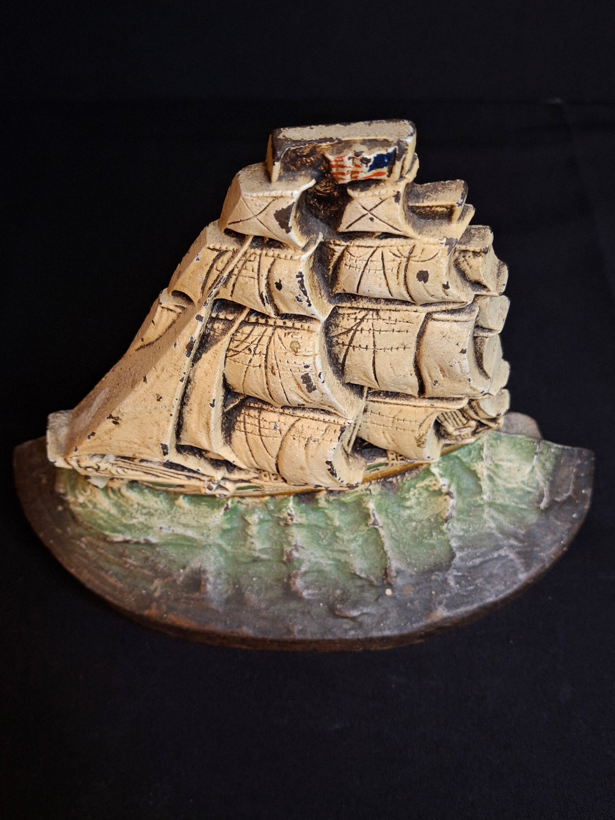 Antique Judd Co CJO 1286 Cast Iron Sailing Ship Doorstop American Flag Painted