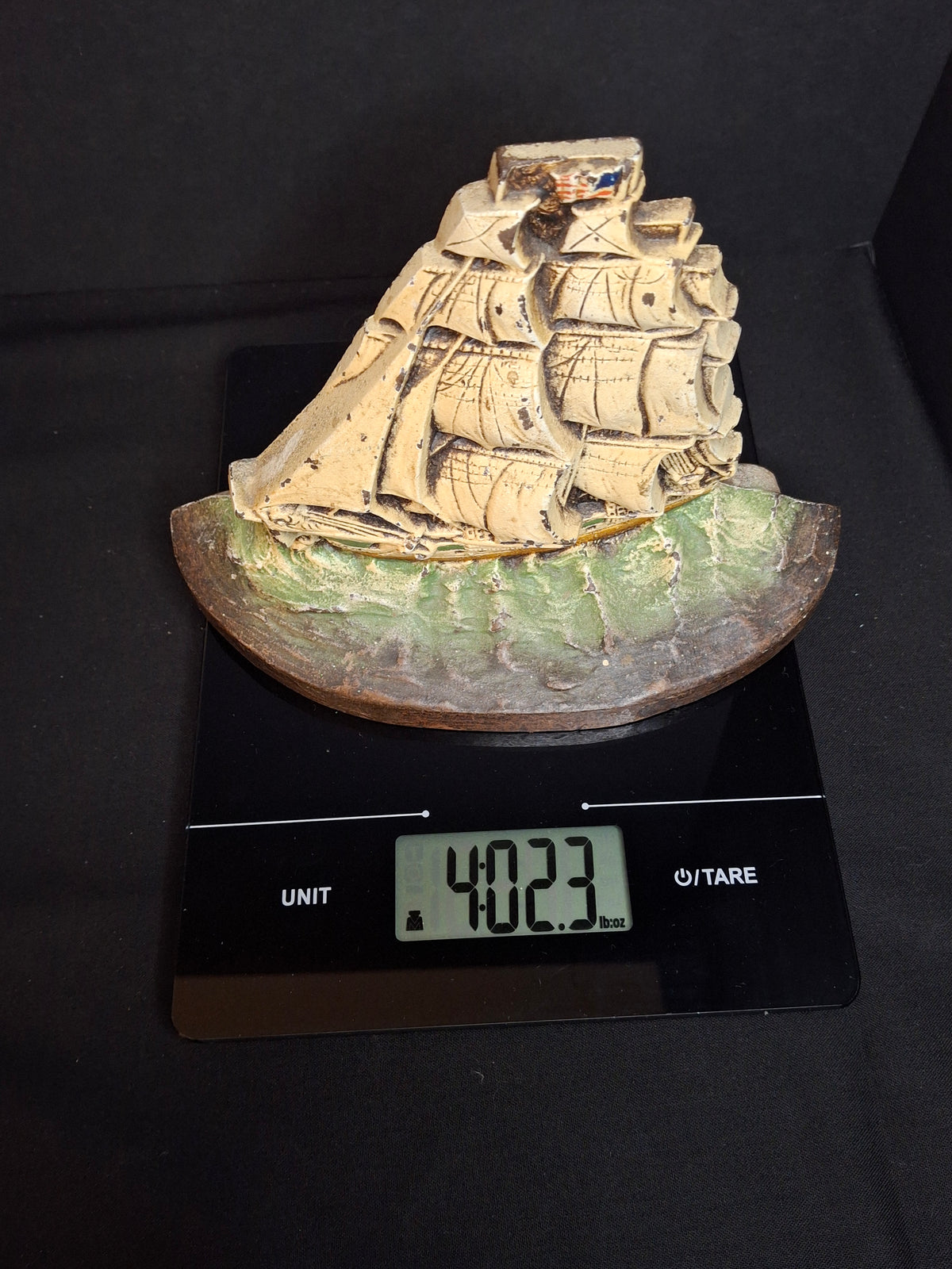 Antique Judd Co CJO 1286 Cast Iron Sailing Ship Doorstop American Flag Painted
