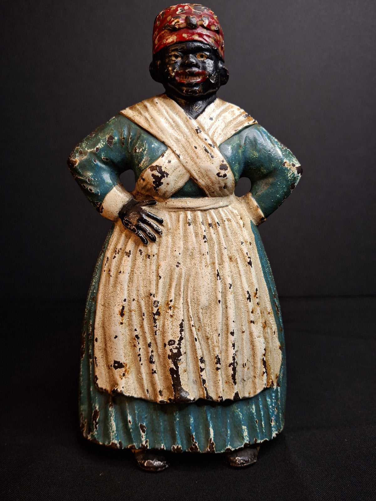 Antique Cast Iron Woman Hands on Hips Doorstop Original Paint 1920s Albany Foundry Americana
