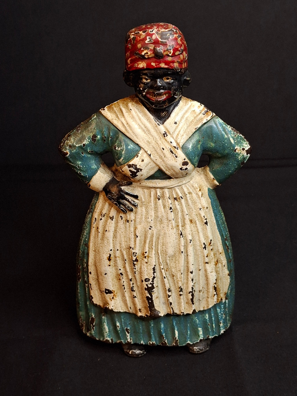 Antique Cast Iron Woman Hands on Hips Doorstop Original Paint 1920s Albany Foundry Americana