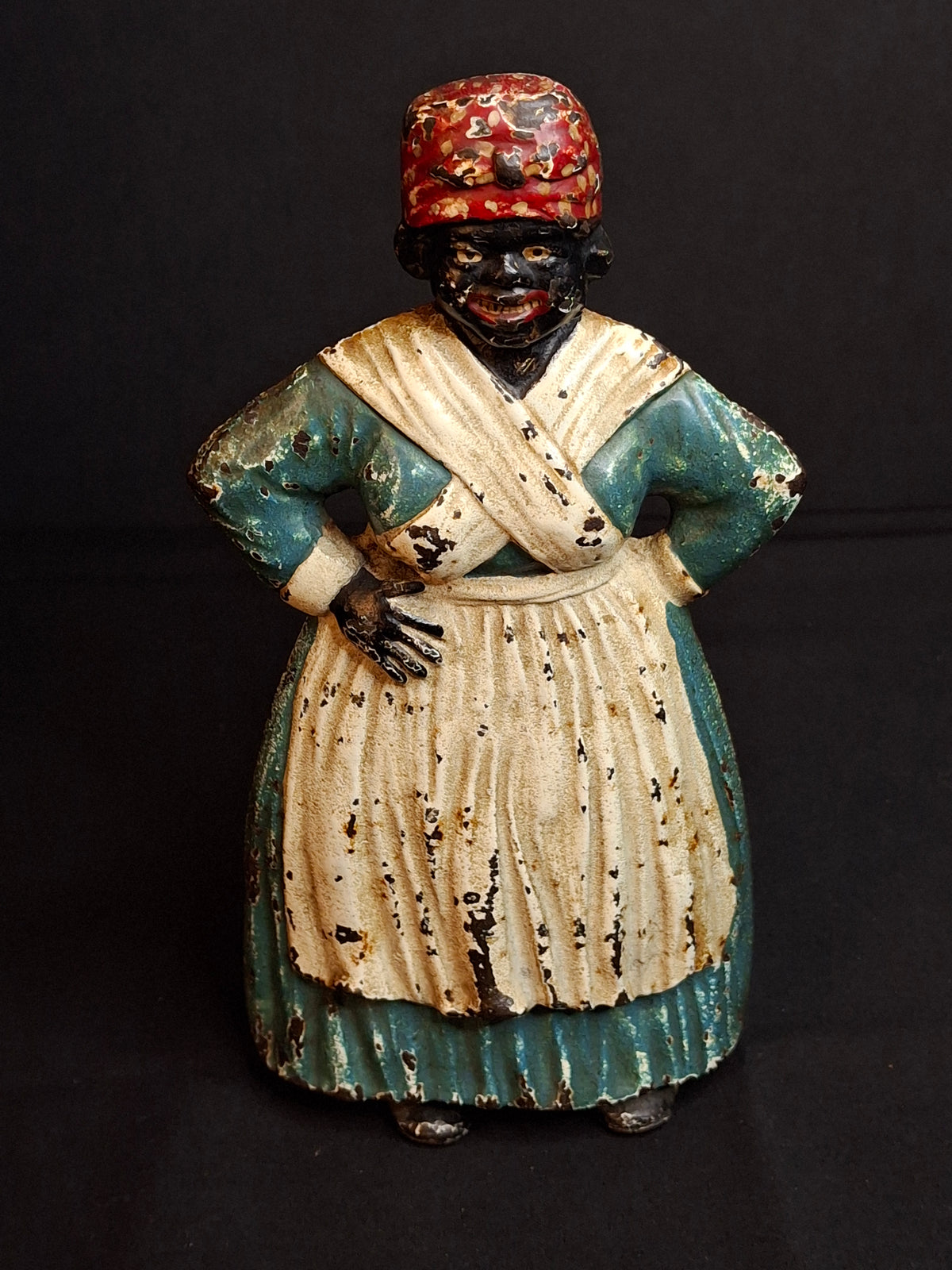Antique Cast Iron Woman Hands on Hips Doorstop Original Paint 1920s Albany Foundry Americana