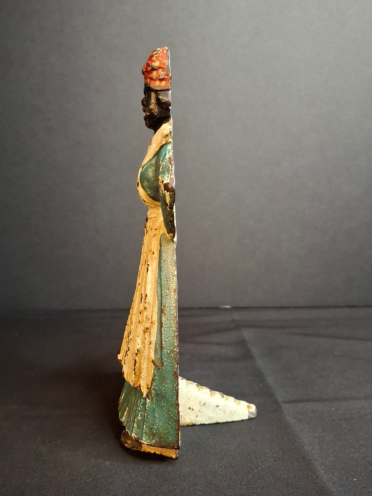 Antique Cast Iron Woman Hands on Hips Doorstop Original Paint 1920s Albany Foundry Americana