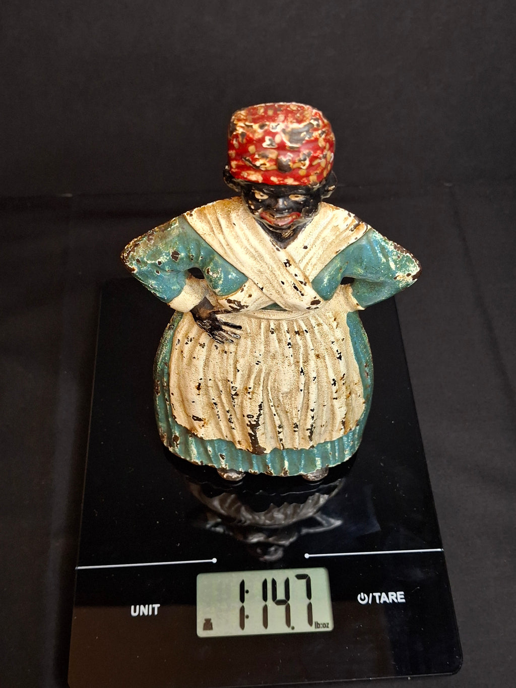 Antique Cast Iron Woman Hands on Hips Doorstop Original Paint 1920s Albany Foundry Americana
