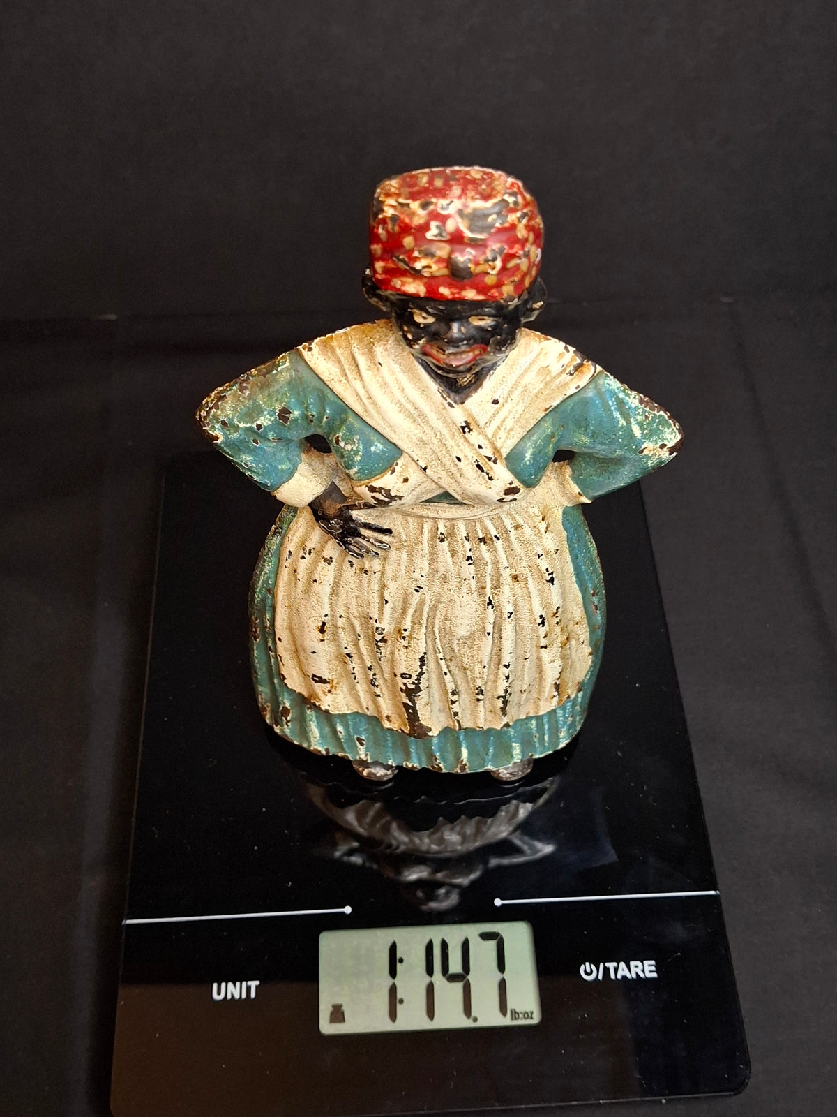 Antique Cast Iron Woman Hands on Hips Doorstop Original Paint 1920s Albany Foundry Americana