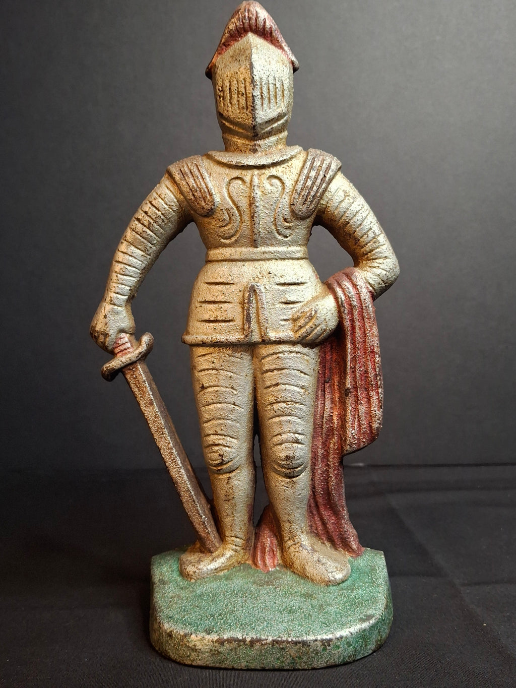 Antique Cast Iron Knight in Armor Doorstop Gold Red Paint 9" Figural Sentry