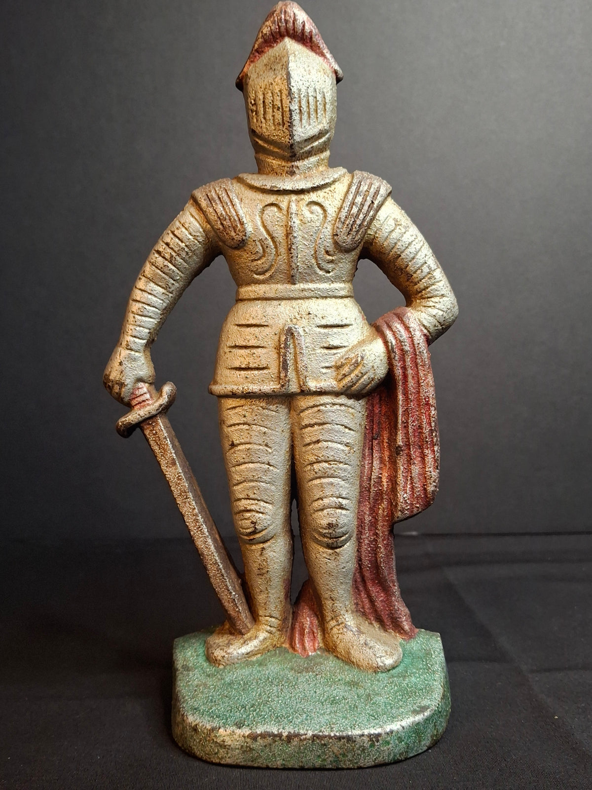 Antique Cast Iron Knight in Armor Doorstop Gold Red Paint 9" Figural Sentry
