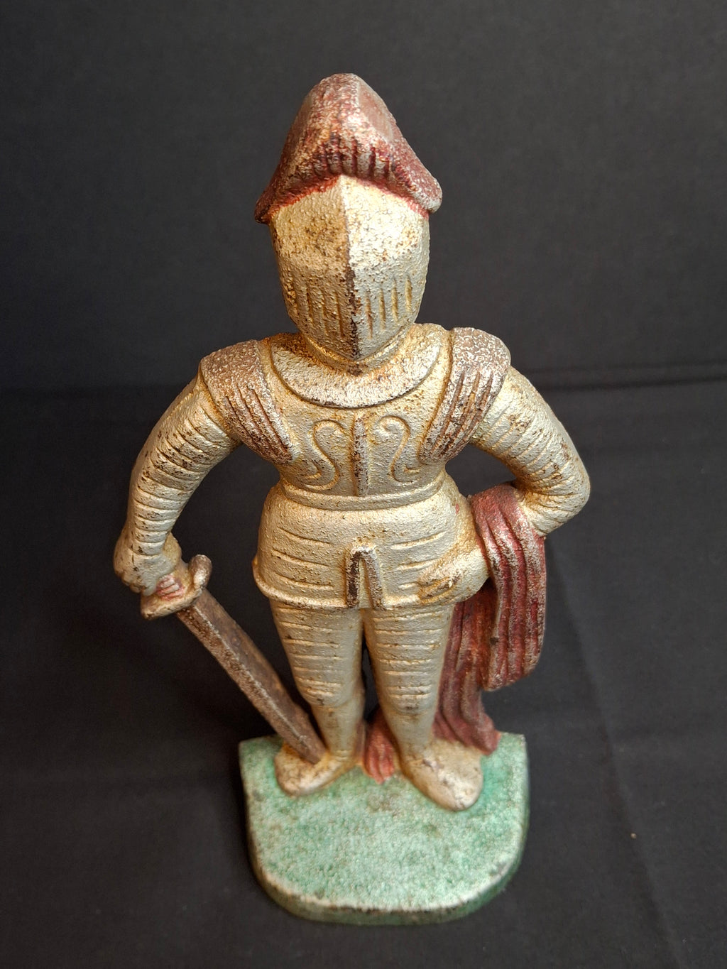 Antique Cast Iron Knight in Armor Doorstop Gold Red Paint 9" Figural Sentry