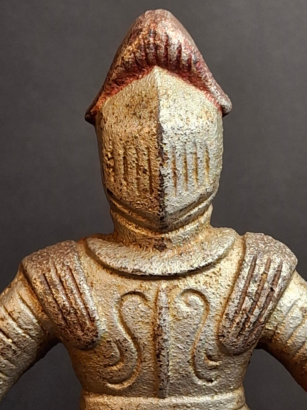 Antique Cast Iron Knight in Armor Doorstop Gold Red Paint 9" Figural Sentry