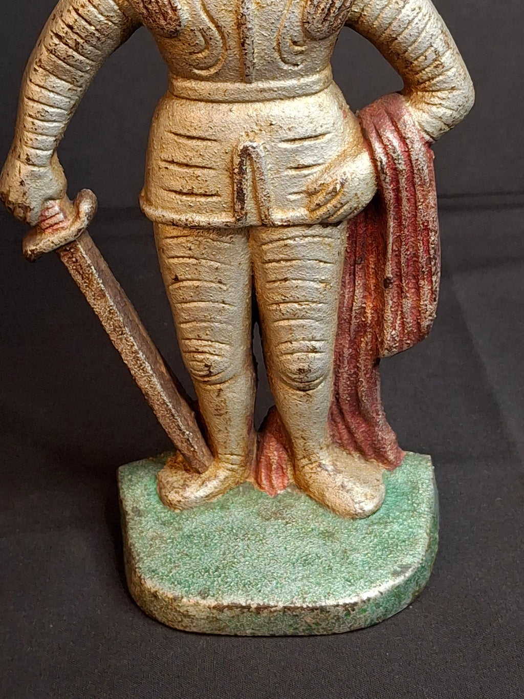 Antique Cast Iron Knight in Armor Doorstop Gold Red Paint 9" Figural Sentry