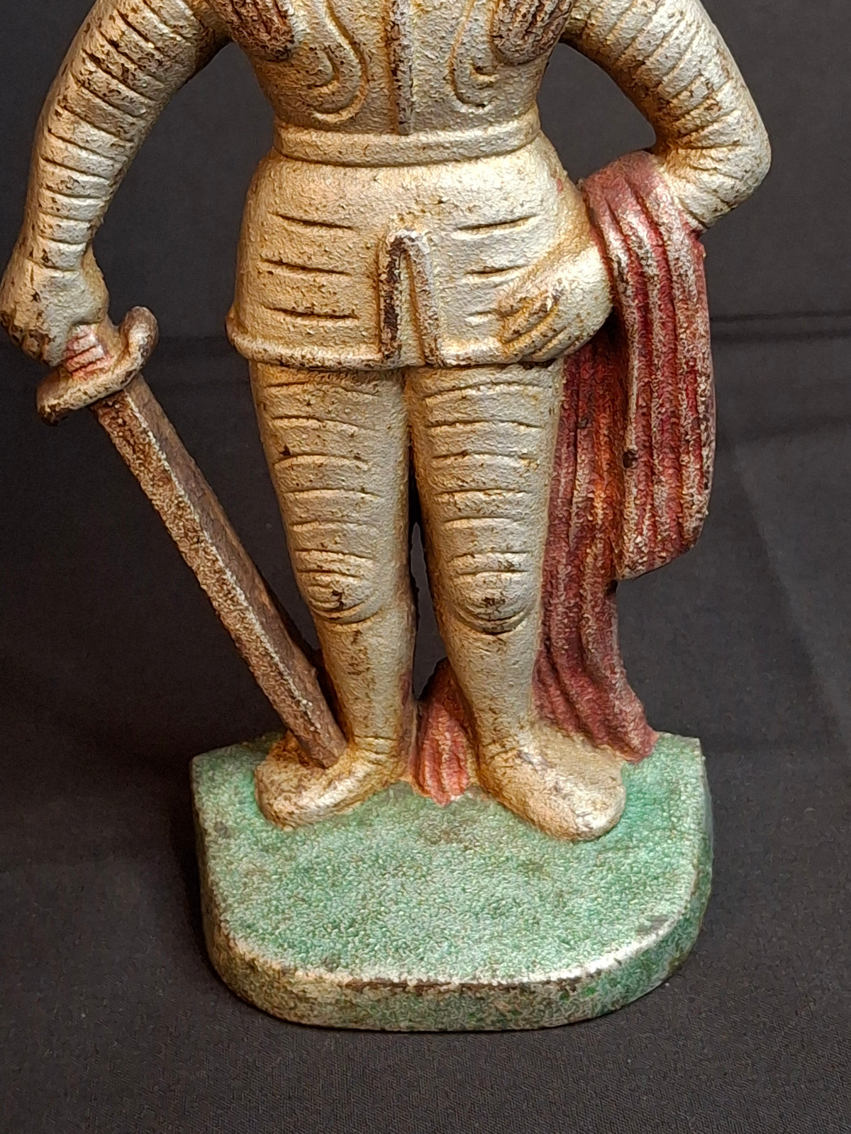 Antique Cast Iron Knight in Armor Doorstop Gold Red Paint 9" Figural Sentry