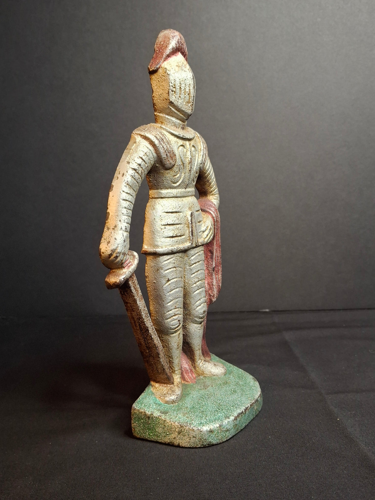 Antique Cast Iron Knight in Armor Doorstop Gold Red Paint 9" Figural Sentry